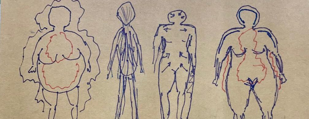 quatro somagramas feitos por Regina Favre com os corpos de suas avós, sua mãe e o dela